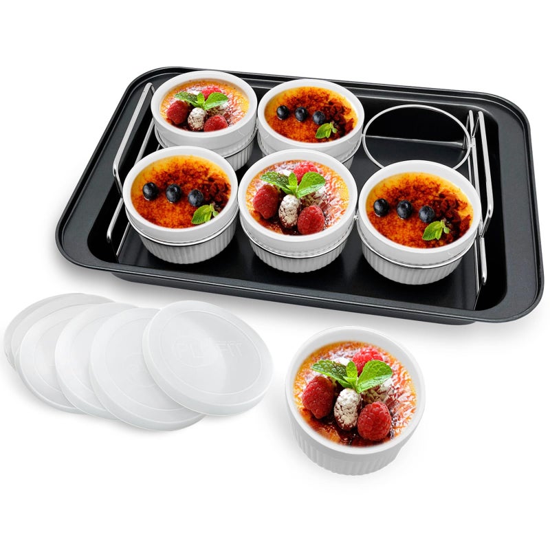 PLSFIT Ramekins Set with 6 Silicone Lids, Mothers Day Gifts Creme Brulee Making Set, Set of 6 Porcelain Ramekins, Oven Safe Covered Bowls & Soufflé Ramiken - Image 1